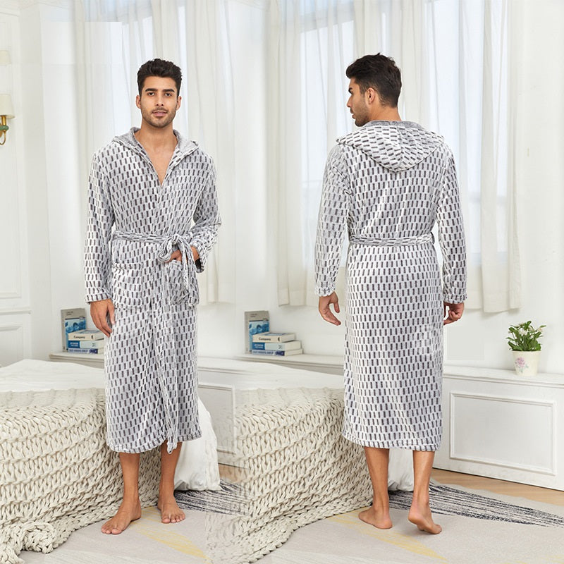 Plus Size Pajama Couple Hooded Nightgown Pocket Flannel Autumn Winter Thick Bathrobe