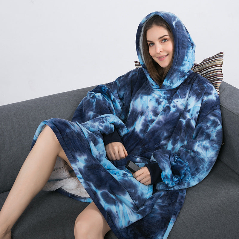 Hoodie Outdoor Cold proof Clothes Tie dye Printed Hoodie Casual Home Lazy Blanket Thick Velvet Hooded Pajamas