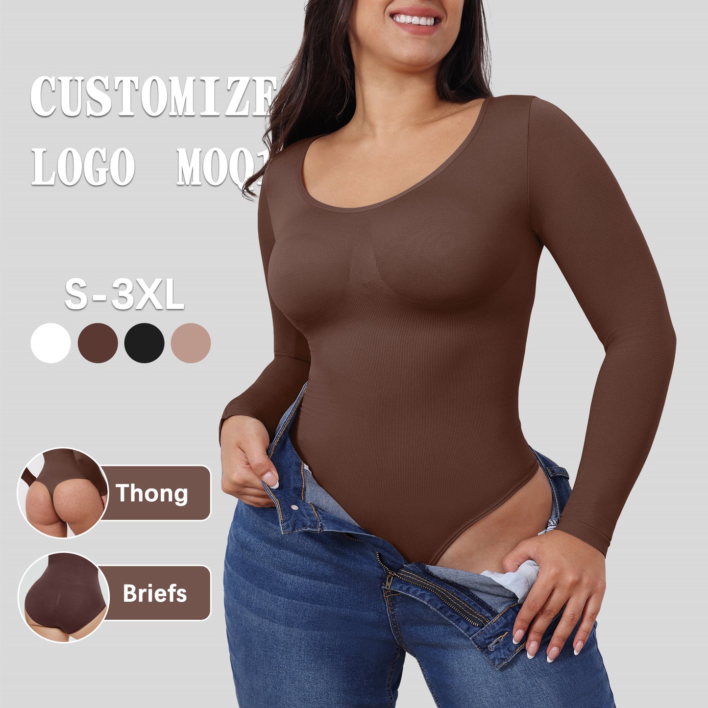 Plus Size Thong Bodysuit Women Long Sleeved Corset One-piece Underwear Seamless Bodysuit Shapewear