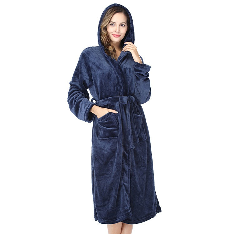 Plus Size Pajama Couple Hooded Nightgown Pocket Flannel Autumn Winter Thick Bathrobe