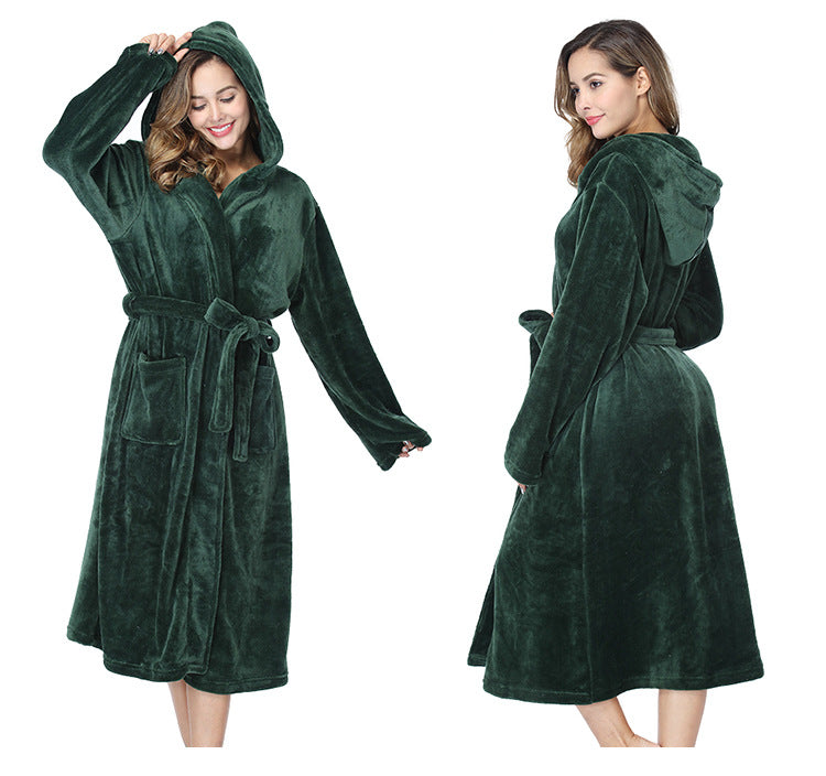 Plus Size Pajama Couple Hooded Nightgown Pocket Flannel Autumn Winter Thick Bathrobe