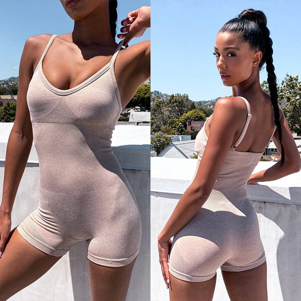 Women Seamless Jumpsuit Tight Fitting Hip Lifting Jumpsuit Shorts Yoga Sports Gym Sleeveless Jumpsuit