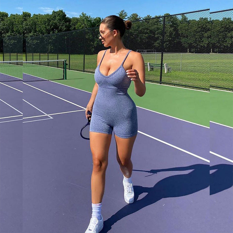 Women Seamless Jumpsuit Tight Fitting Hip Lifting Jumpsuit Shorts Yoga Sports Gym Sleeveless Jumpsuit