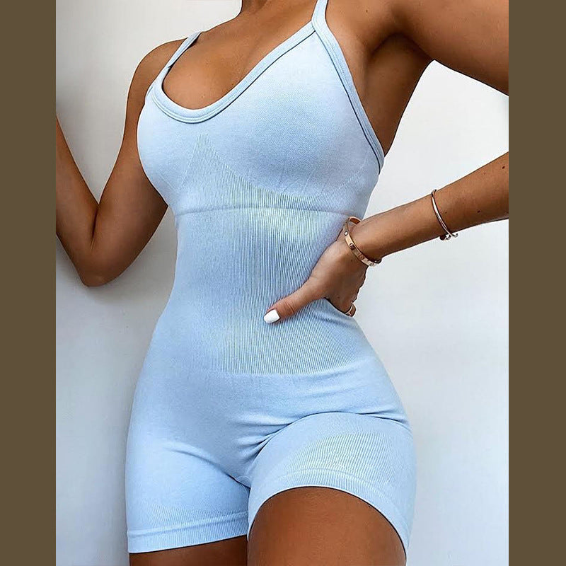 Women Seamless Jumpsuit Tight Fitting Hip Lifting Jumpsuit Shorts Yoga Sports Gym Sleeveless Jumpsuit