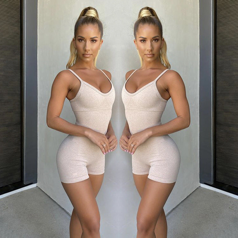 Women Seamless Jumpsuit Tight Fitting Hip Lifting Jumpsuit Shorts Yoga Sports Gym Sleeveless Jumpsuit