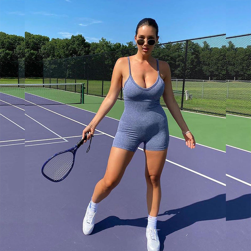 Women Seamless Jumpsuit Tight Fitting Hip Lifting Jumpsuit Shorts Yoga Sports Gym Sleeveless Jumpsuit