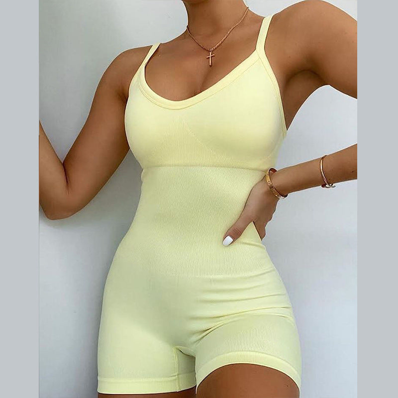 Women Seamless Jumpsuit Tight Fitting Hip Lifting Jumpsuit Shorts Yoga Sports Gym Sleeveless Jumpsuit