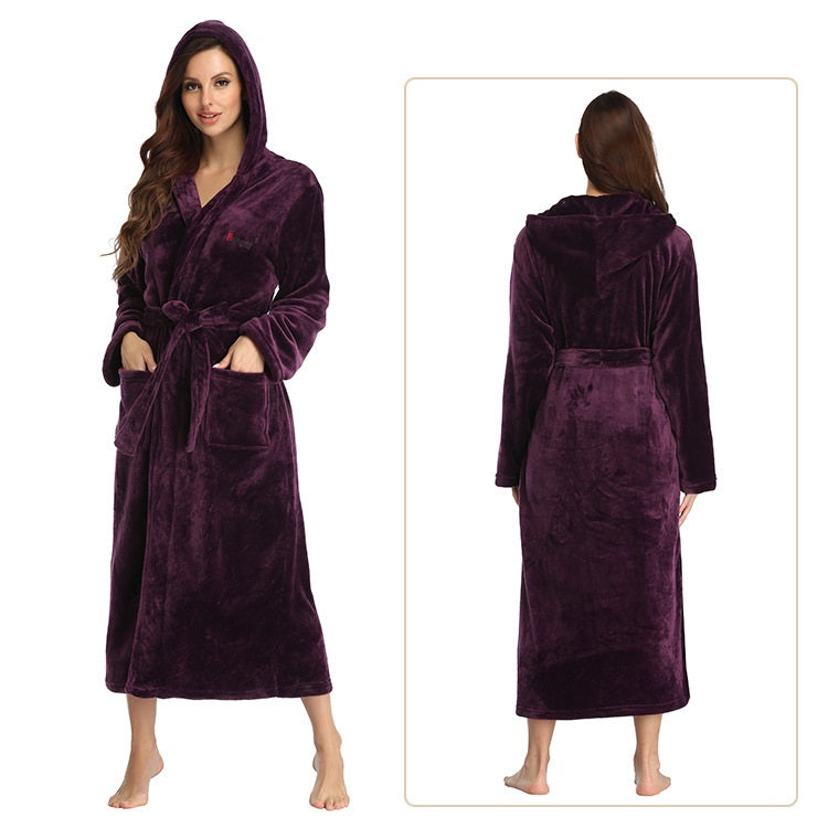Plus Size Pajama Couple Hooded Nightgown Pocket Flannel Autumn Winter Thick Bathrobe