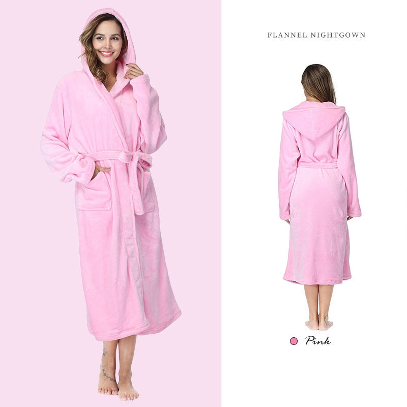 Plus Size Pajama Couple Hooded Nightgown Pocket Flannel Autumn Winter Thick Bathrobe