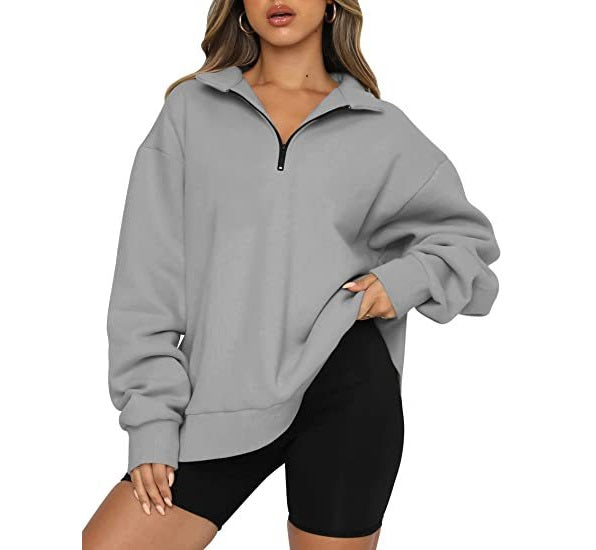 Sweatshirt Women Plus Size Casual Half Zipper Pullover Solid Color Hoodie Long Sleeved Sports Sweatshirt