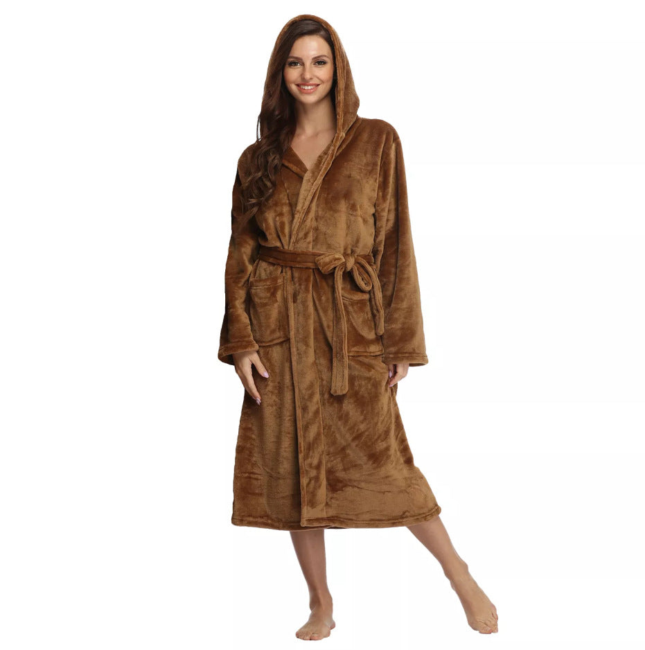Plus Size Pajama Couple Hooded Nightgown Pocket Flannel Autumn Winter Thick Bathrobe