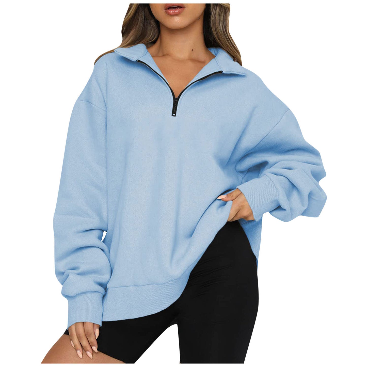 Sweatshirt Women Plus Size Casual Half Zipper Pullover Solid Color Hoodie Long Sleeved Sports Sweatshirt