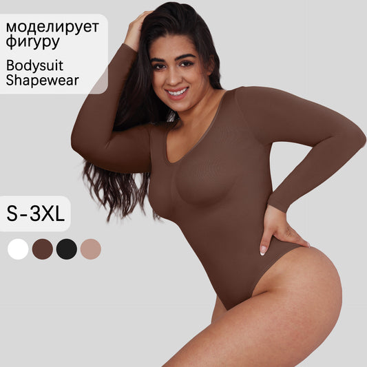 Plus Size Thong Bodysuit Women Long Sleeved Corset One-piece Underwear Seamless Bodysuit Shapewear