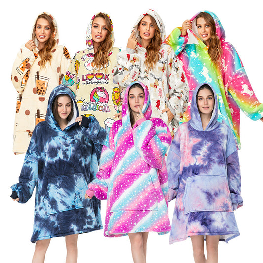Hoodie Outdoor Cold proof Clothes Tie dye Printed Hoodie Casual Home Lazy Blanket Thick Velvet Hooded Pajamas