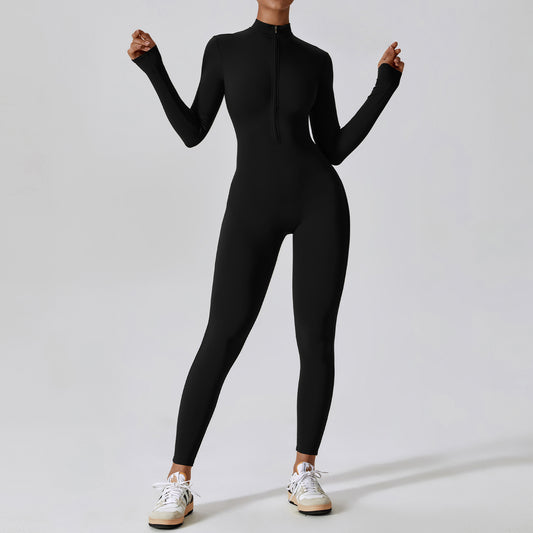 Bodysuit Women Jumpsuit Zipper Long Sleeved Solid Color One-piece Suit Yoga Sports Tight Fitting Breathable Jumpsuit