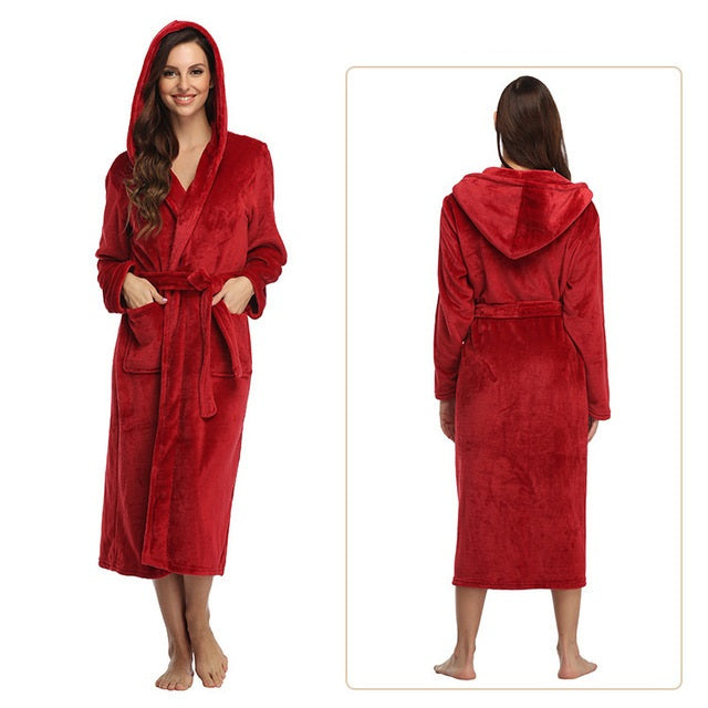 Plus Size Pajama Couple Hooded Nightgown Pocket Flannel Autumn Winter Thick Bathrobe