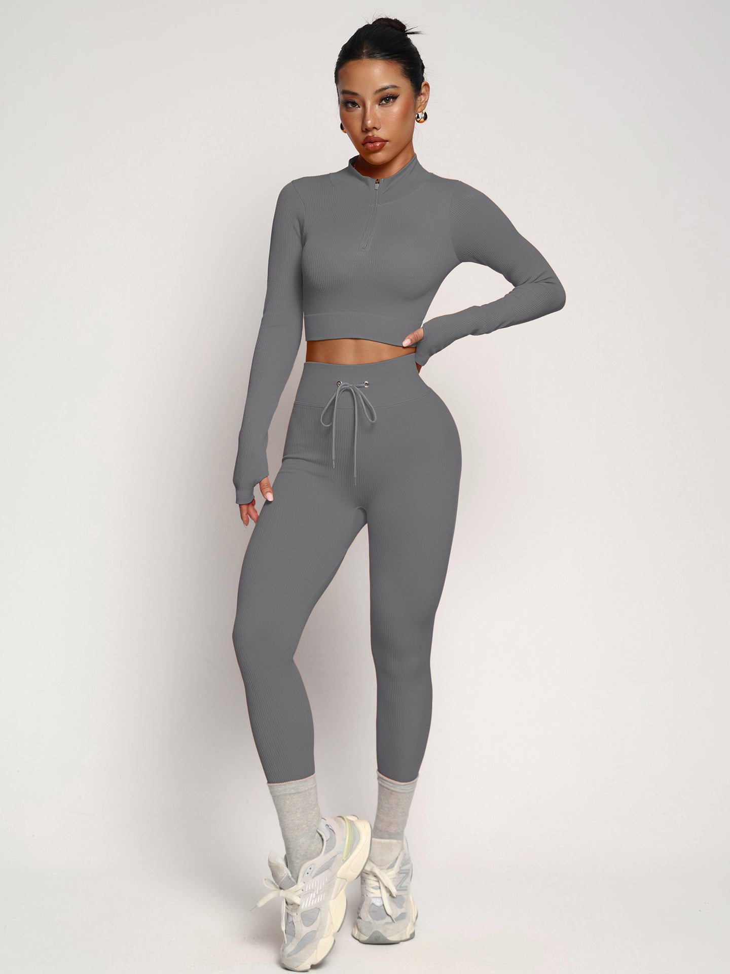 Seamless Yoga Suit Long Sleeved Zipper Tight-fitting Suit Women Fitness Running Yoga Two-piece Set