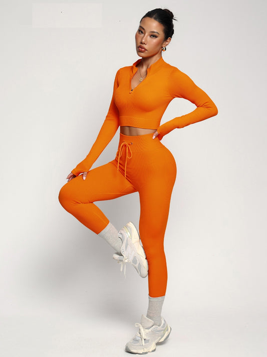 Seamless Yoga Suit Long Sleeved Zipper Tight-fitting Suit Women Fitness Running Yoga Two-piece Set