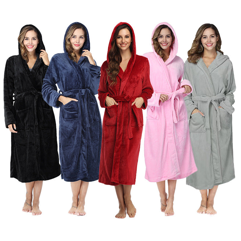 Plus Size Pajama Couple Hooded Nightgown Pocket Flannel Autumn Winter Thick Bathrobe