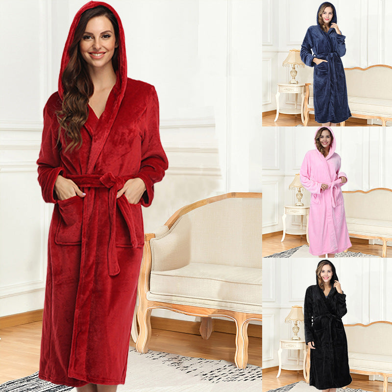 Plus Size Pajama Couple Hooded Nightgown Pocket Flannel Autumn Winter Thick Bathrobe