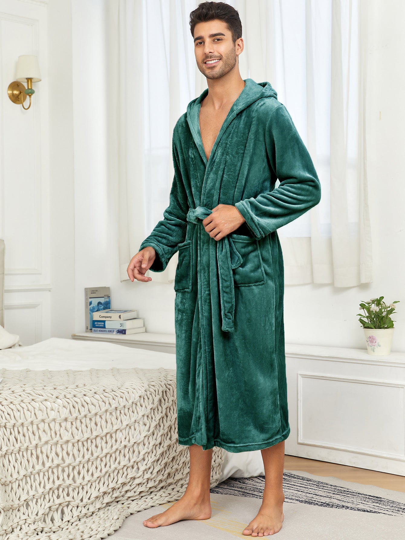 Plus Size Pajama Couple Hooded Nightgown Pocket Flannel Autumn Winter Thick Bathrobe