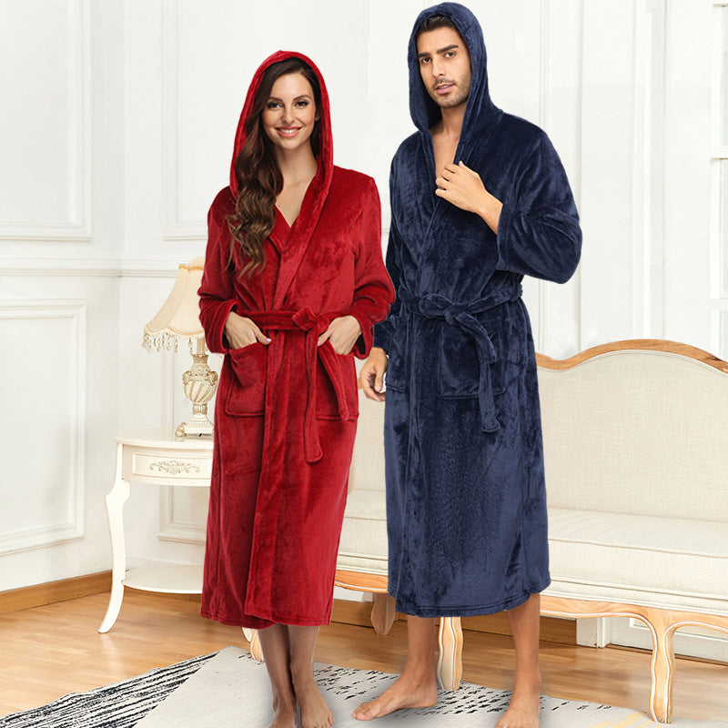 Plus Size Pajama Couple Hooded Nightgown Pocket Flannel Autumn Winter Thick Bathrobe