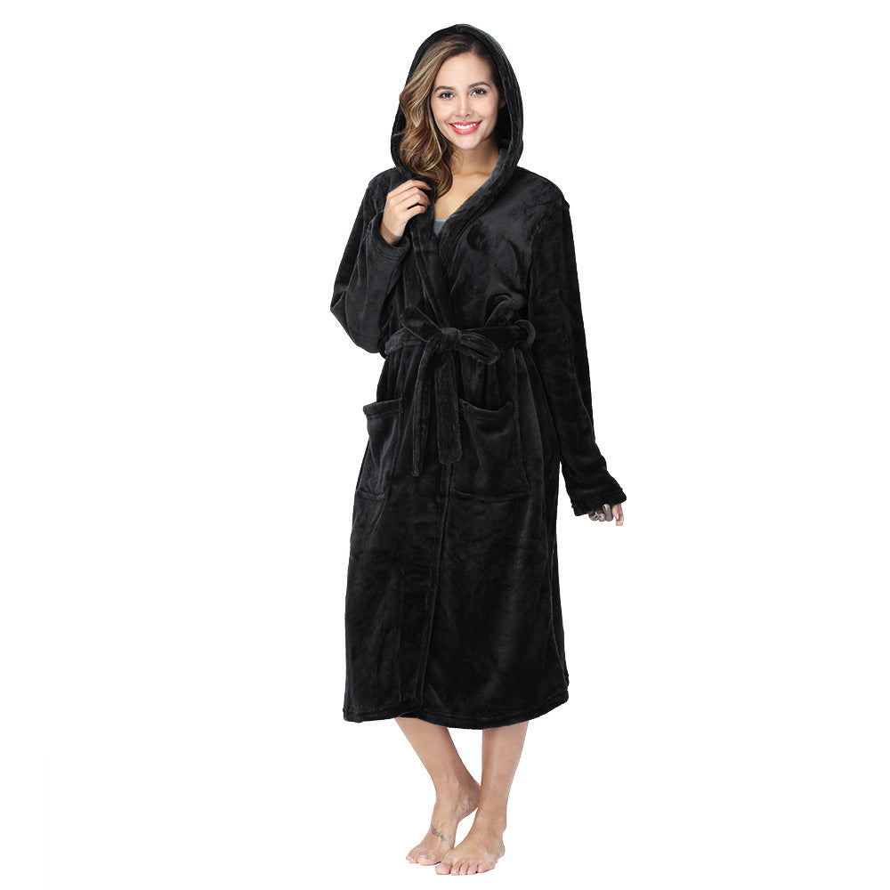 Plus Size Pajama Couple Hooded Nightgown Pocket Flannel Autumn Winter Thick Bathrobe