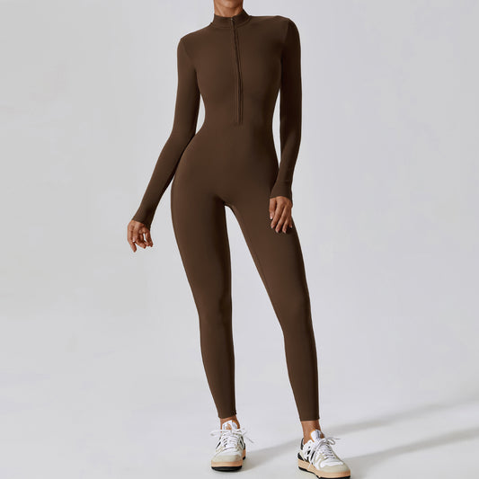 Bodysuit Women Jumpsuit Zipper Long Sleeved Solid Color One-piece Suit Yoga Sports Tight Fitting Breathable Jumpsuit