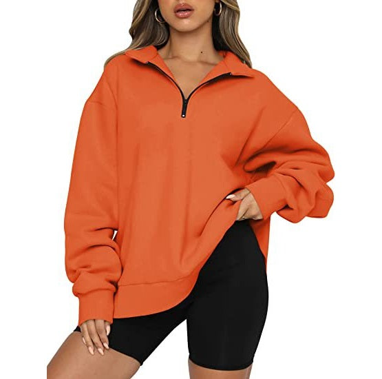 Sweatshirt Women Plus Size Casual Half Zipper Pullover Solid Color Hoodie Long Sleeved Sports Sweatshirt
