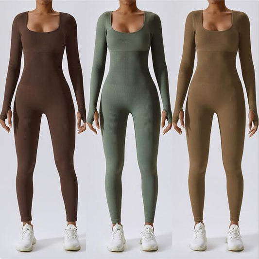 Bodysuit Women Seamless Jumpsuit Long Sleeved Pants Yoga Fitness One-piece Suit High Waist Hip Lifting Jumpsuit
