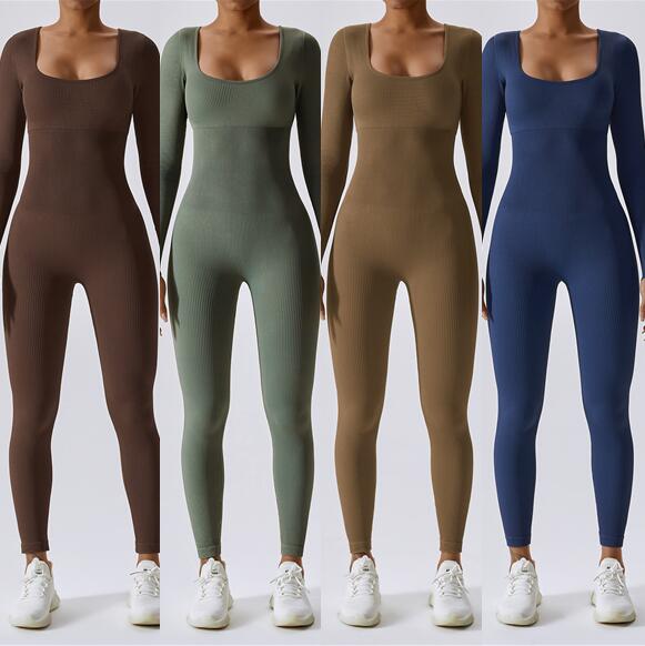 Bodysuit Women Seamless Jumpsuit Long Sleeved Pants Yoga Fitness One-piece Suit High Waist Hip Lifting Jumpsuit